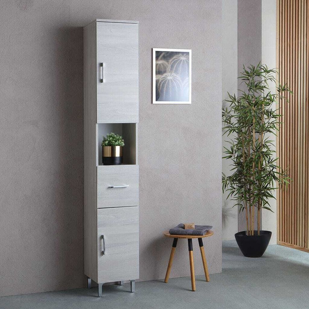 Hochschrank mit Türen, Schublade und offenem Fach, Glas-Regalböden und Bügelgriffe | Rimini