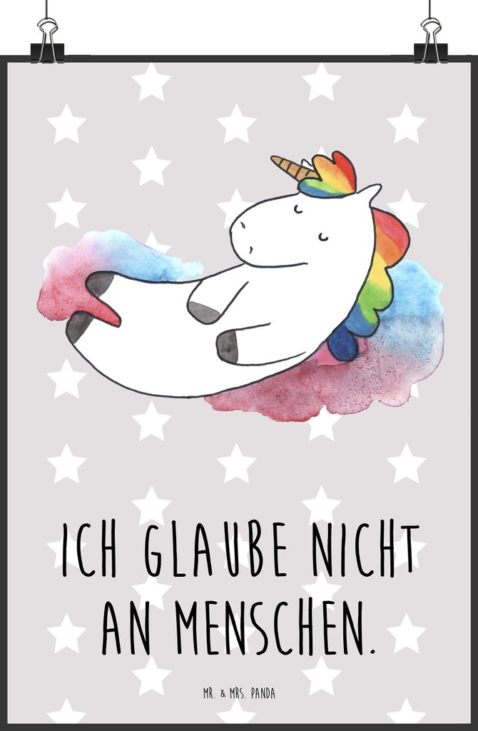 Mr. & Mrs. Panda Bild Einhorn Wolke 7 DIN A2 - Grau Pastell - Geschenk, Plakat, Kunstdruck, Witzig, Verliebt, Menschen, Deko Poster, Einhörner, dr...