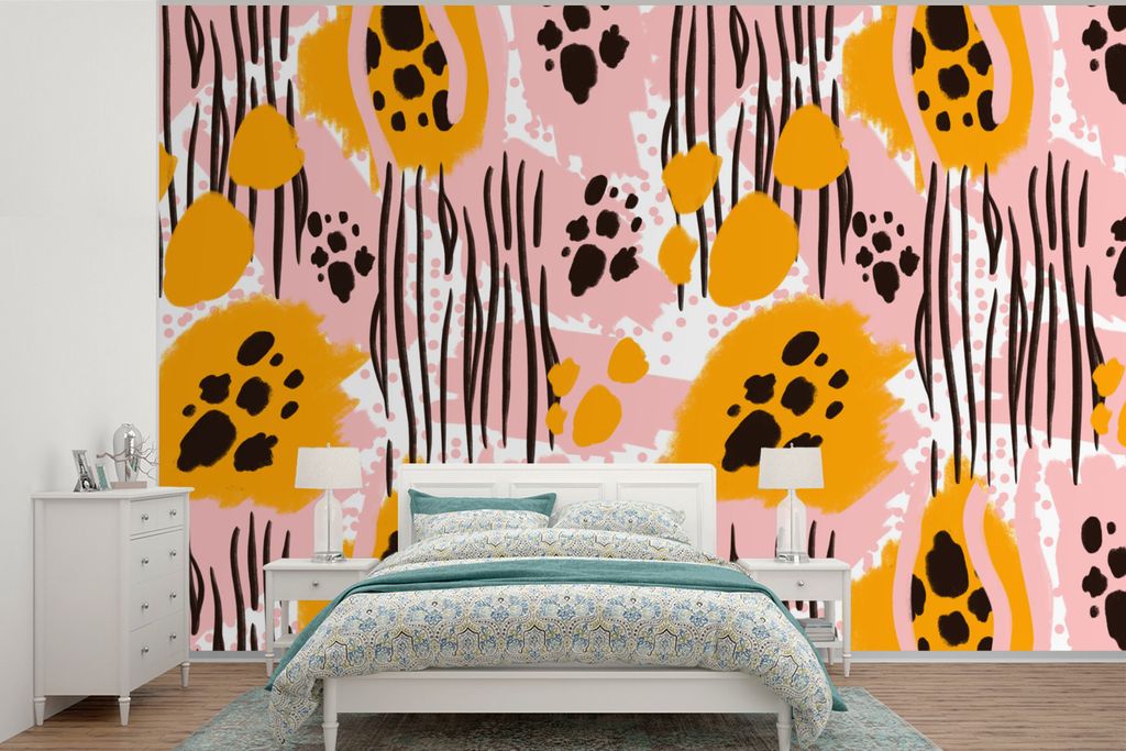 MuchoWow Fototapete für Wohnzimmer oder Schlafzimmer Wandtapete Vinyl Motivtapete Orange - Rosa - Abstrakt - 450x300 cm - Gemusterte