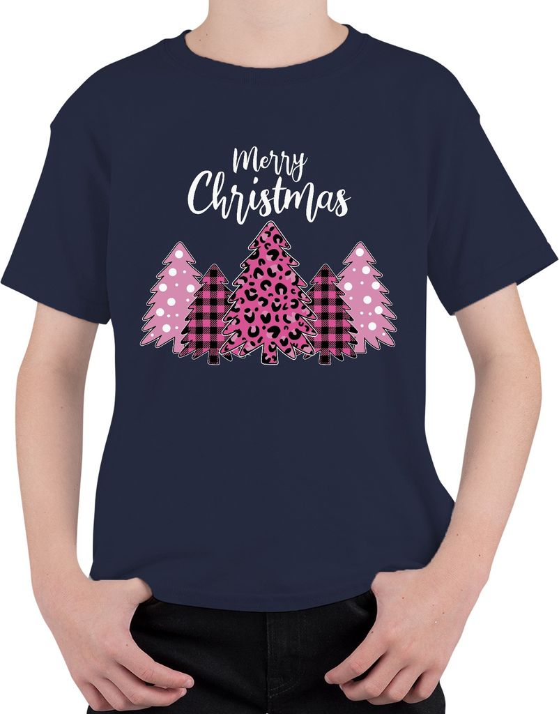 Merry Christmas Weihnachtsbaum Kariert Pink - Weihnachten Weihnachtsgeschenk Christmas Uni Kinder T-Shirt, Navy, 116