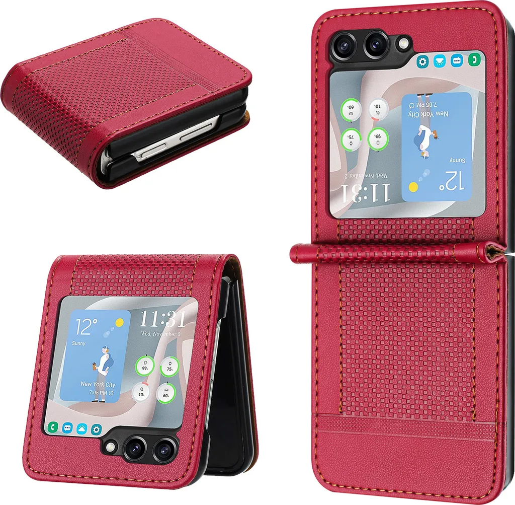 Cover in Pelle per Samsung Z Flip 5 Rosso con Kickstand - Stile Manager
