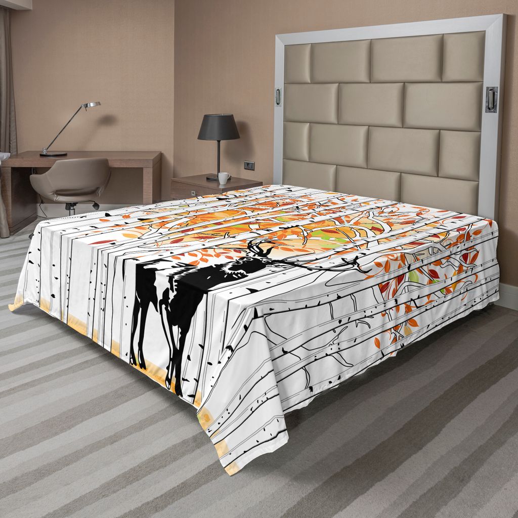 ABAKUHAUS Hirsch Bettlaken, Deer Im Wald Herbst Goldene Farben Bäume Laub Wildnis Saisonale Artwork, weiches bequemes oberes Bettlaken für ein Na...