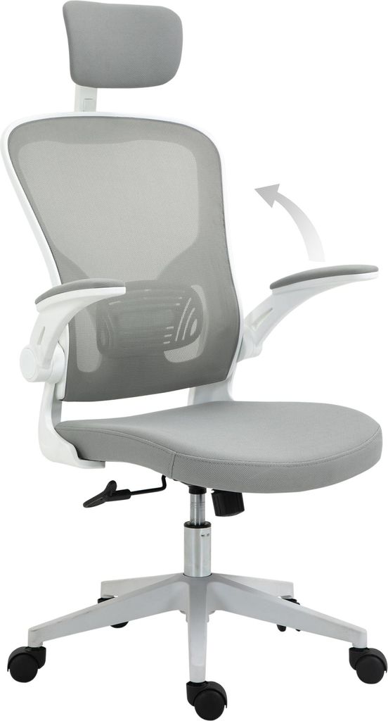 Bürostuhl ergonomischer Shreibtischstuhl mit Wippfunktion hoher Rückenlehne Lendenwirbelstütze Kopfstütze hochklappbarem Arm Home-Office Grau 6...