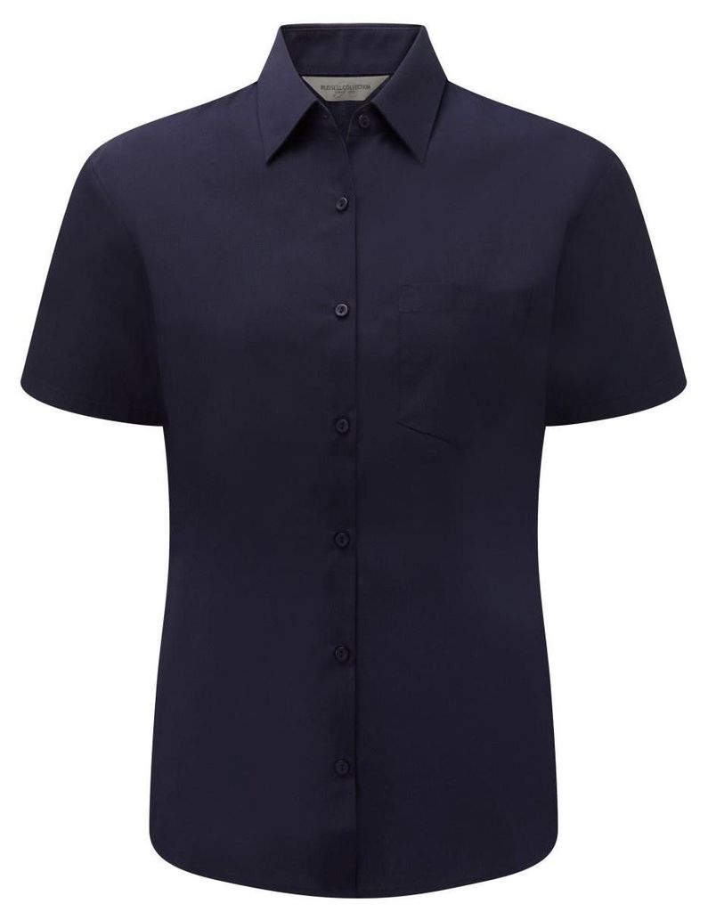 Russell Collection Poplin Bluse, Kurzarm, pflegeleicht FK749 (4XL) (Dunkles Marineblau)