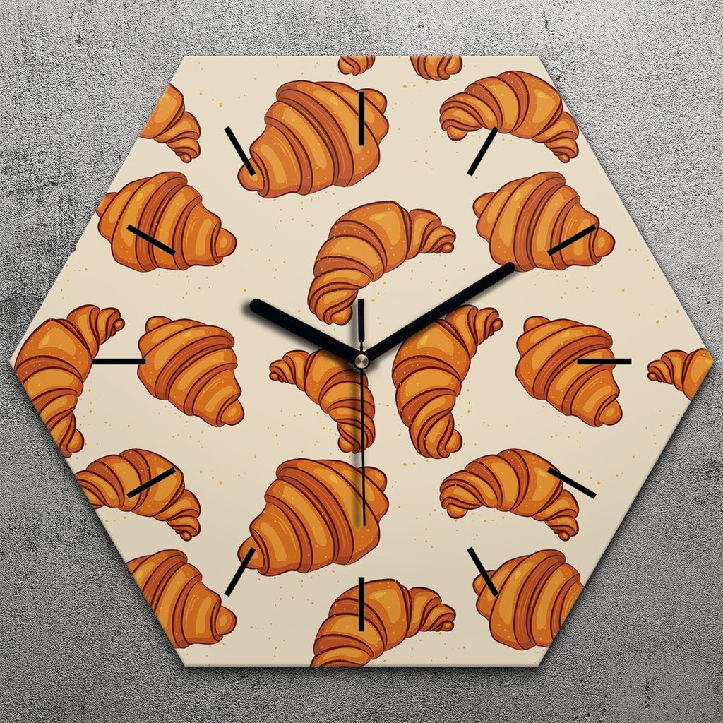 Uhr hexagonal 40 cm Glas Geräuschlos schwarze Zeiger - knusprige Croissants Semmelbrösel