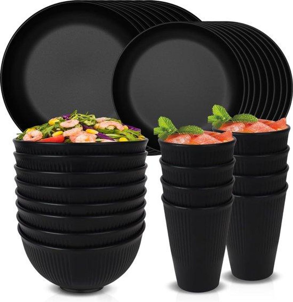Schwarzes 32-teiliges Plastik-Servierset für 8 Personen, Camping