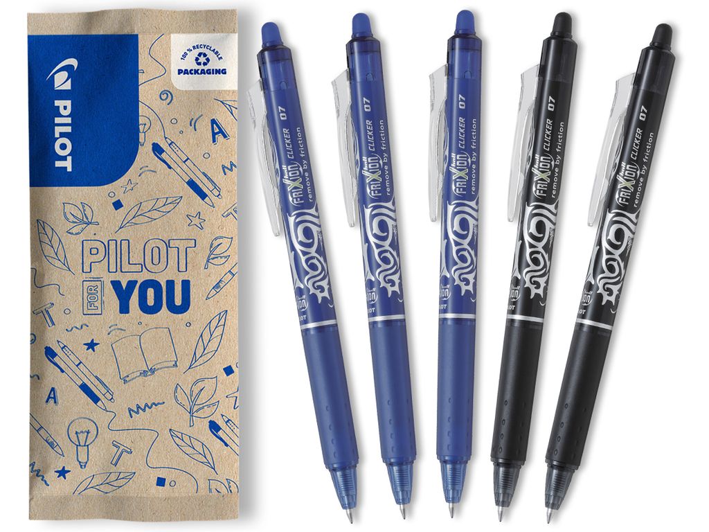 PILOT FriXion Clicker 0.7 Tintenroller - 5er Set, radierbar, Farbe Schwarz, Blau