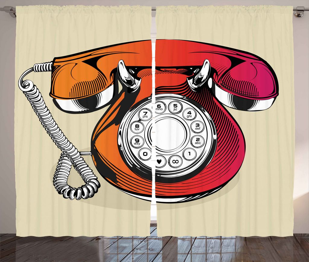 ABAKUHAUS rot Rustikaler Vorhang, Classic Retro Telefon, Wohnzimmer Universalband Gardinen mit Schlaufen und Haken, 280 x 175 cm, Rot und Beige