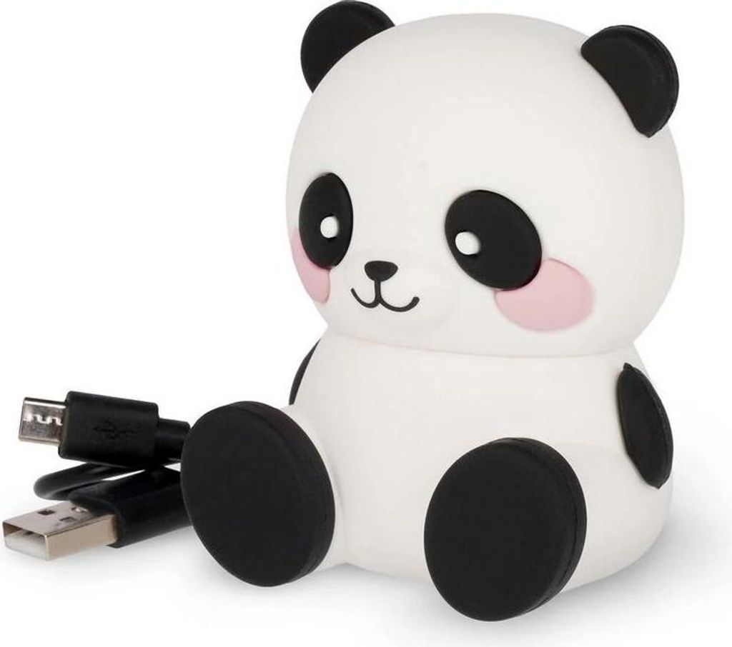 A cute panda-shaped Bluetooth speaker with a USB cable attached.