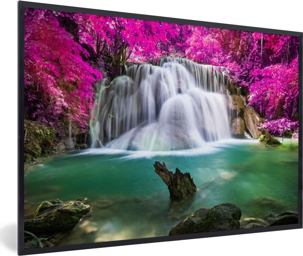 MuchoWow Gerahmtes Poster Wasserfall - Rosa - Bäume 30x20 cm - Poster mit Schwarzem Bilderrahmen Wandposter Rahmen Foto Bilder - Kunstdruck - Bi...