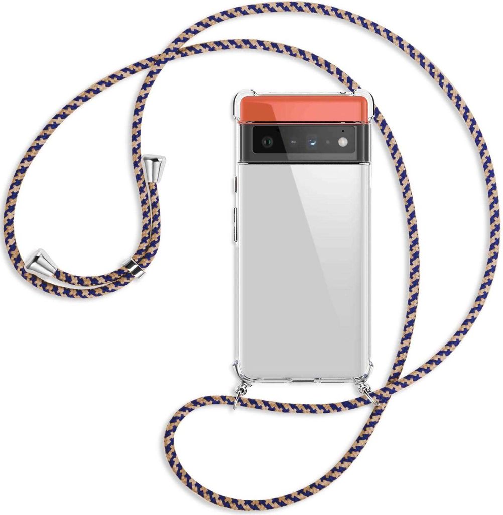 Handykette Backcover-Schutzhülle mit Band (Metall silberfarben) für Google Pixel 6 Pro - blau+beige