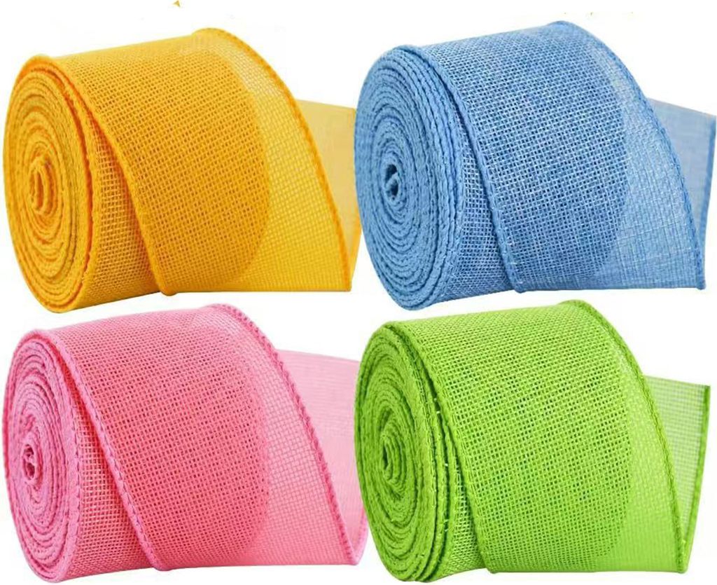 4 Rollen farbiges Band, 5 m, Jute-Bänder mit Draht, farbechtes Bastelband, Zubehör für Osterkränze, Geschenkverpackungen, Hochzeitssträuße