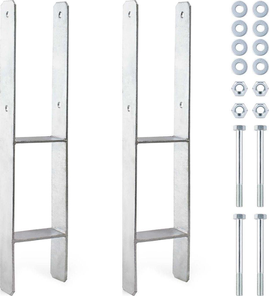 XPOtool Pfostenträger feuerverzinkt 101 x 600mm 2 Stück, H-Anker Kohlenstoffstahl, Pfostenanker mit Bohrlöchern M10 x 130, Pfostenschuh mit 2 Ve...