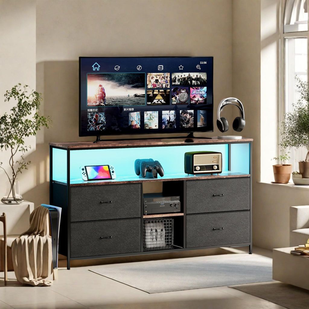 108 cm breiter TV-Ständer mit LED-Beleuchtung, Tischplatte in Tigerholzoptik, 4 Schubladen mit schwarzem PolyurethanStoffbezug, stabilem Metallges...