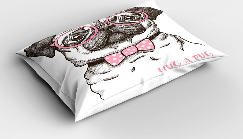 ABAKUHAUS Mops Kopfkissenbezug, Niedlicher Schoßhund mit rosa Bow Tie Oversized Gläsern Hand gezeichnet domestiziert, 40x80 cm, Brown Pale Pink W...