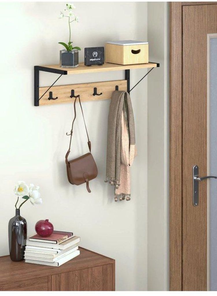 Pijnboom Wandgarderobe mit Ablage und 8 Haken, Metall und Holz, 64 x 30 x 22 cm