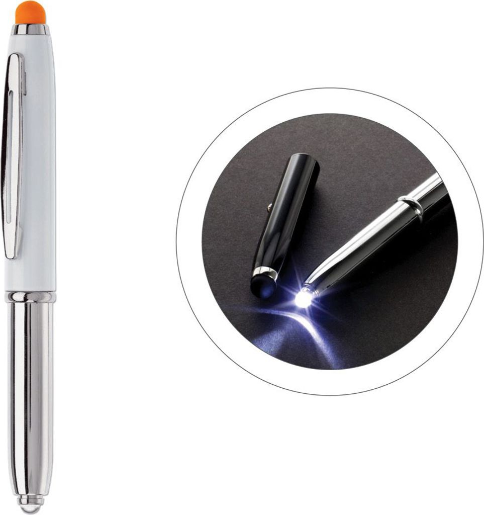 Touchpen Kugelschreiber / mit LED Licht / Farbe: silber/weiß mit orangen Stylus