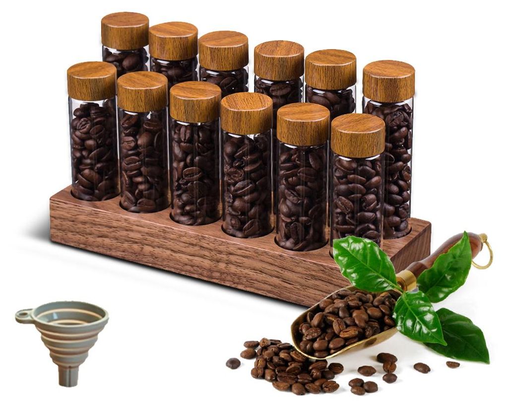 12 Stueck Einzeldosis-Aufbewahrungsroehrchen fuer Kaffeebohnen, Kaffeebohnen-Kellerbehaelter aus Borosilikatglas mit Deckel, Holzstaender und Trich...