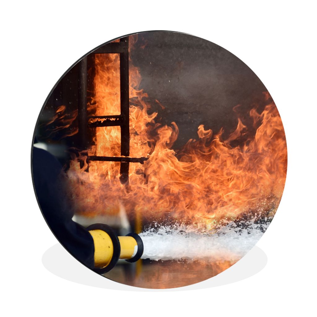 MuchoWow Aluminium Wandkreis Feuerwehr löscht das Feuer mit Schaum Ø 60 cm Wanddeko Modern Wohnzimmer - Wand Kreis - Wandbild - Schlafzimmer - ...