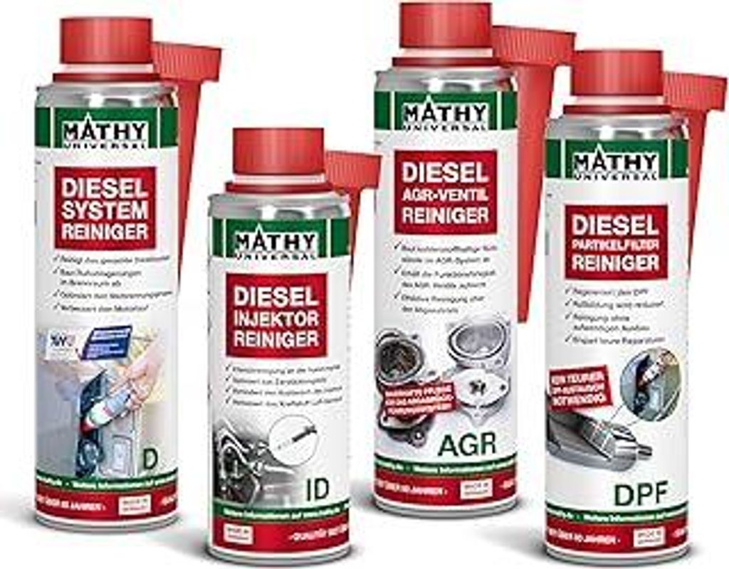 MATHY Diesel-Komplett-Kur - Diesel Additiv Reinigungsset - DPF Reiniger + Diesel Systemreiniger + Injektoren Reiniger + AGR Reiniger, 4 Dosen