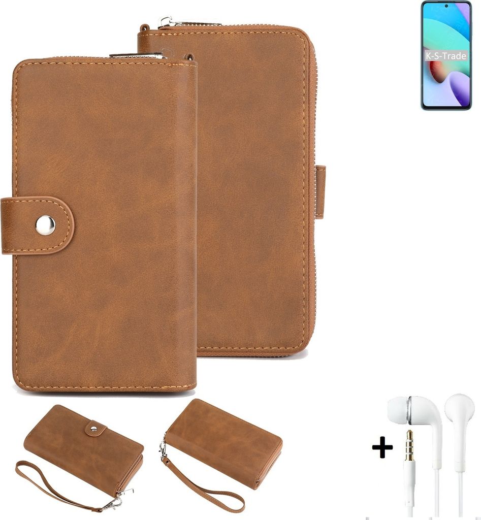 K-S-Trade Handy Schutz Hülle kompatibel mit Xiaomi Redmi Note 11 4G + Kopfhörer Portemonnee Tasche Wallet-Case Bookstyle-Etui braun (1x)