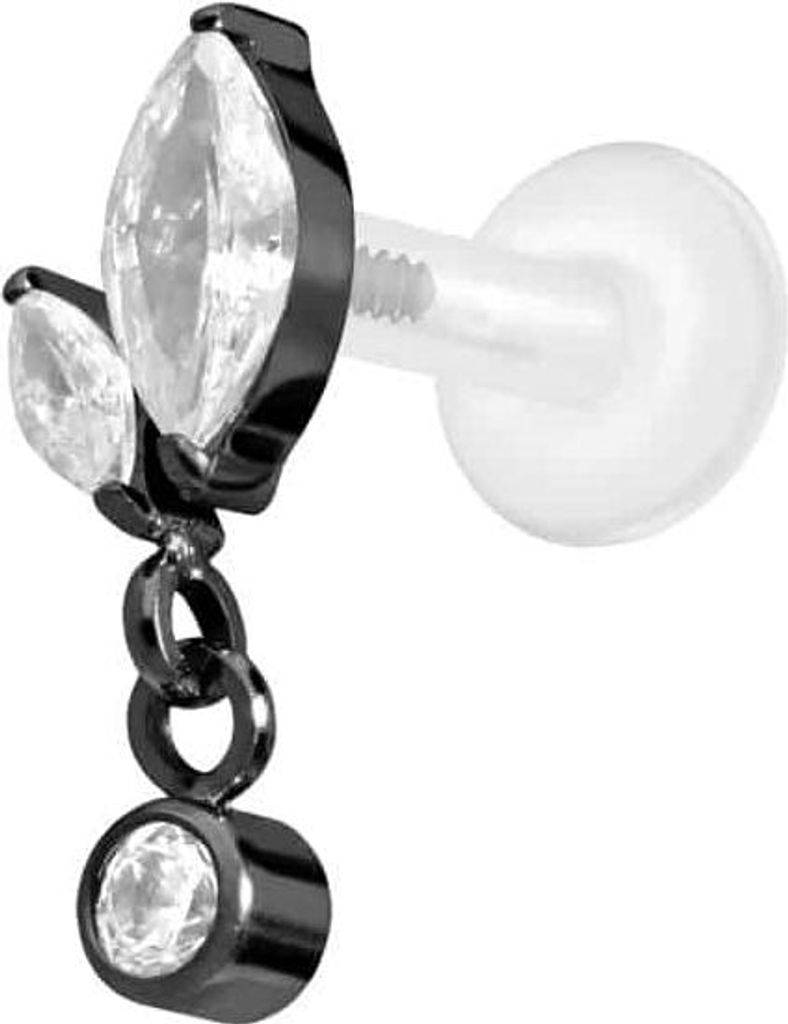 Ohrpiercing, Nasenpiercing PTFE Labret mit Innengewinde + Titan-Aufsatz KNOSPE + KRISTALL Schwarz Stablänge: 6mm | Stabstärke: 1,6mm