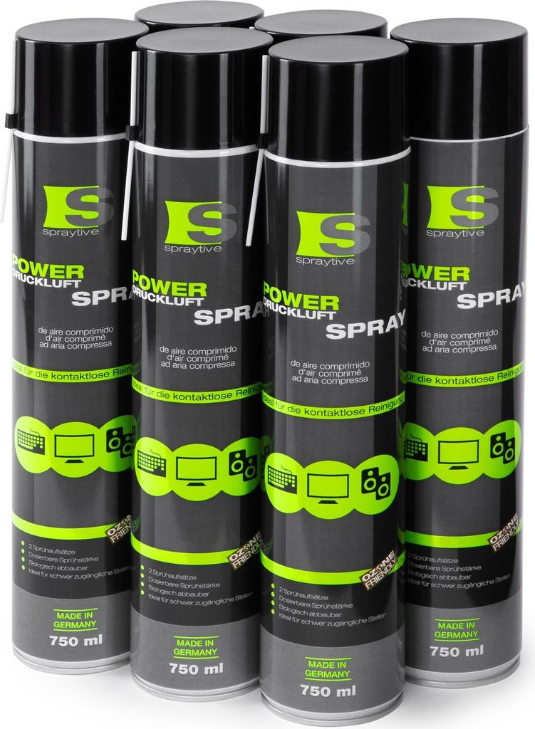 Spraytive 6 x 750ml Power Druckluftspray - Air Duster, Druckluftreiniger, Luftdruckspray, Reinigungsspray