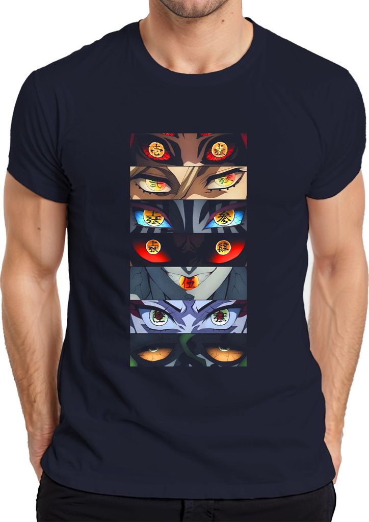 Anime Manga Dämon Augenreihe Otaku Geschenk Halloween gruselig Herren T-Shirt, Navy, M