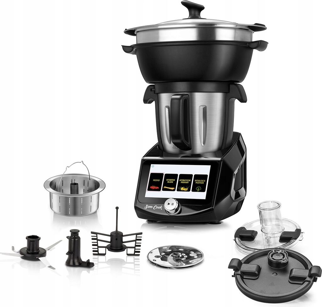A multi-functional kitchen appliance with various attachments, displayed against a white background.