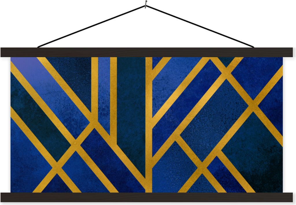 MuchoWow Textilposter Gold - Muster - Blau 90x45 cm mit schwarzem Rahmen - Klemmleisten
