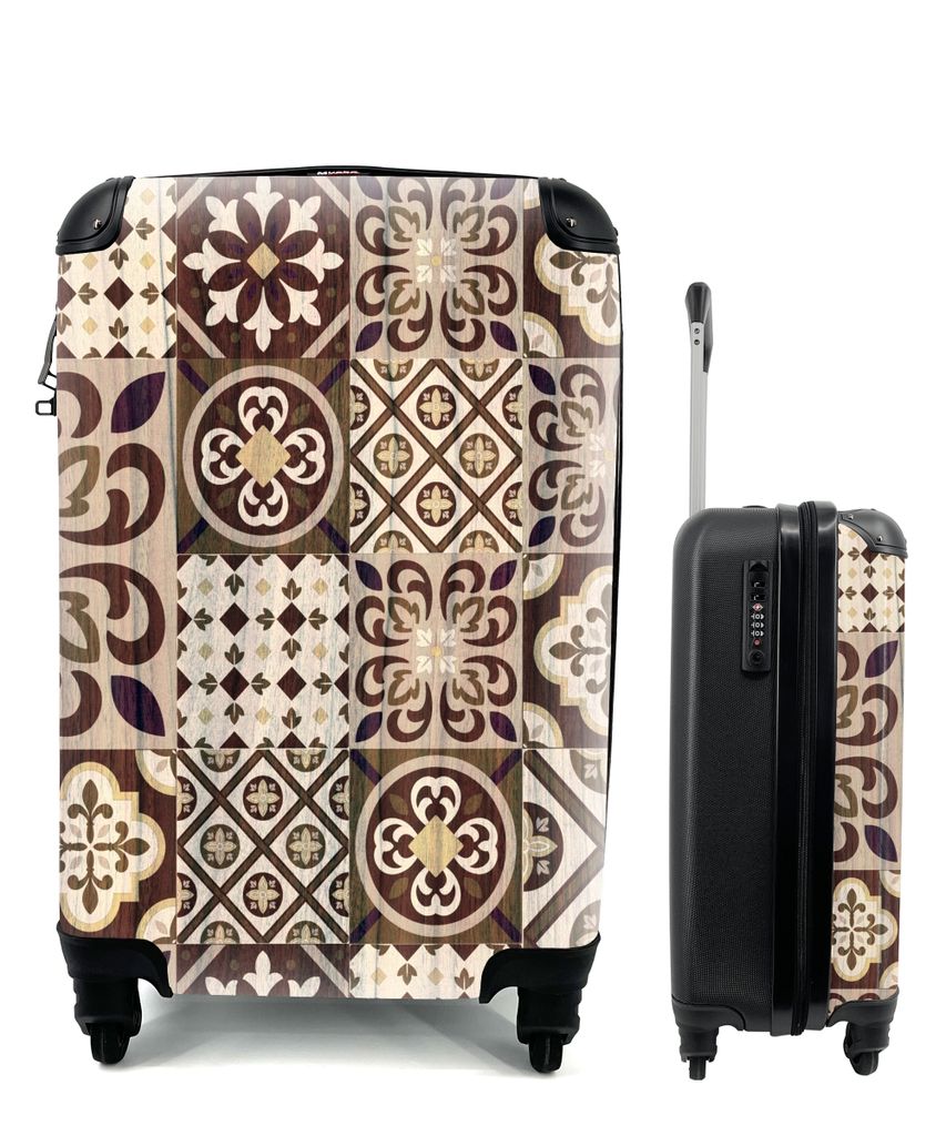 MuchoWow Koffer Handgepäck Trolley Rollkoffer Kleine Reisekoffer mit 4 Rollen - Retro - Muster - Braun - Abstrakt - Cabin Size < 55x40x23 cm & 5...