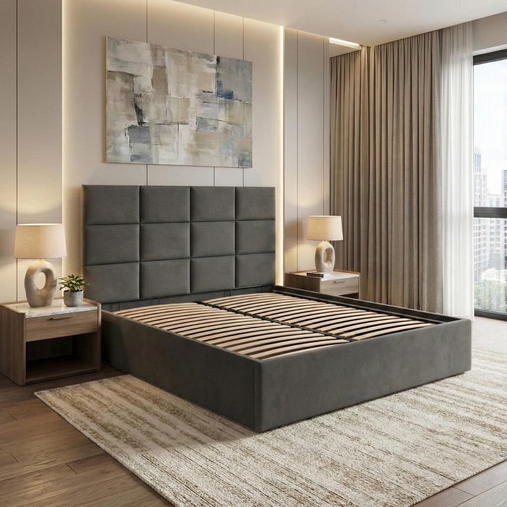Polsterbett 160x200 cm mit Lattenrost, stabiles Doppelbett mit dekorativem Kopfteil, ohne Bettkasten, Samt, Grau, Dunkelgrau, YORK 160 x 200