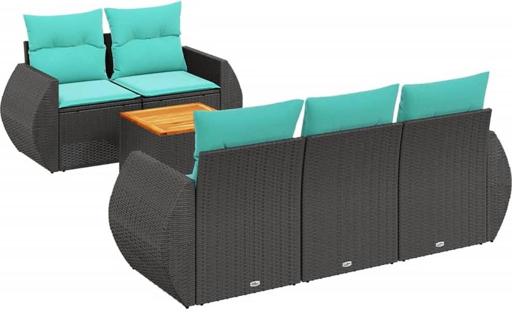 6-teiliges Gartensofa-Set mit Kissen, schwarzes Polyrattan