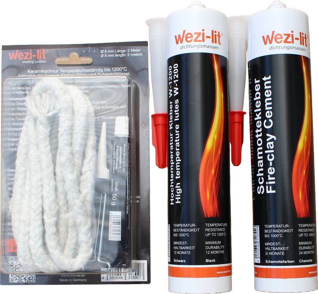 Ofenschnur Ø 8mm 2m + Schnurkleber + Dichtmasse W-1200 hitzebeständig bis 1200° + Schamottkleber 1000°