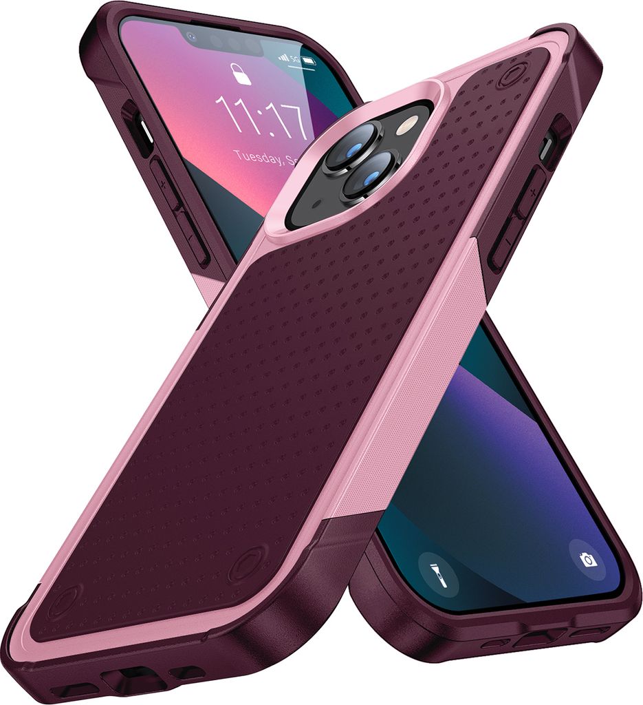 Für iPhone 14 /iPhone 13 Hülle Militärqualität Stoßfest Hybrid 2 in 1 Hart PC Weich TPU Handyhülle Pink Rot