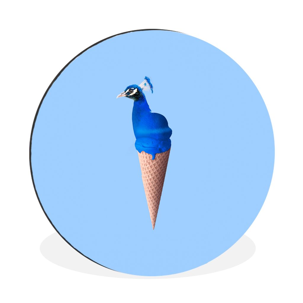 MuchoWow Aluminium Wandkreis Pfau - Eistüte - Eiscreme - Blau - Vogel Ø 60 cm Wanddeko Modern Wohnzimmer - Wand Kreis - Wandbild - Schlafzimmer...