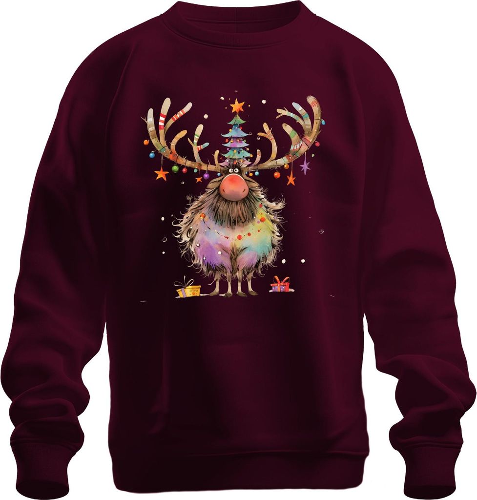 Lustiges Weihnachtsrentier Geweih Weihnachtsbaum Lichterkette Uni Sweatshirt Pullover, Burgundy, S