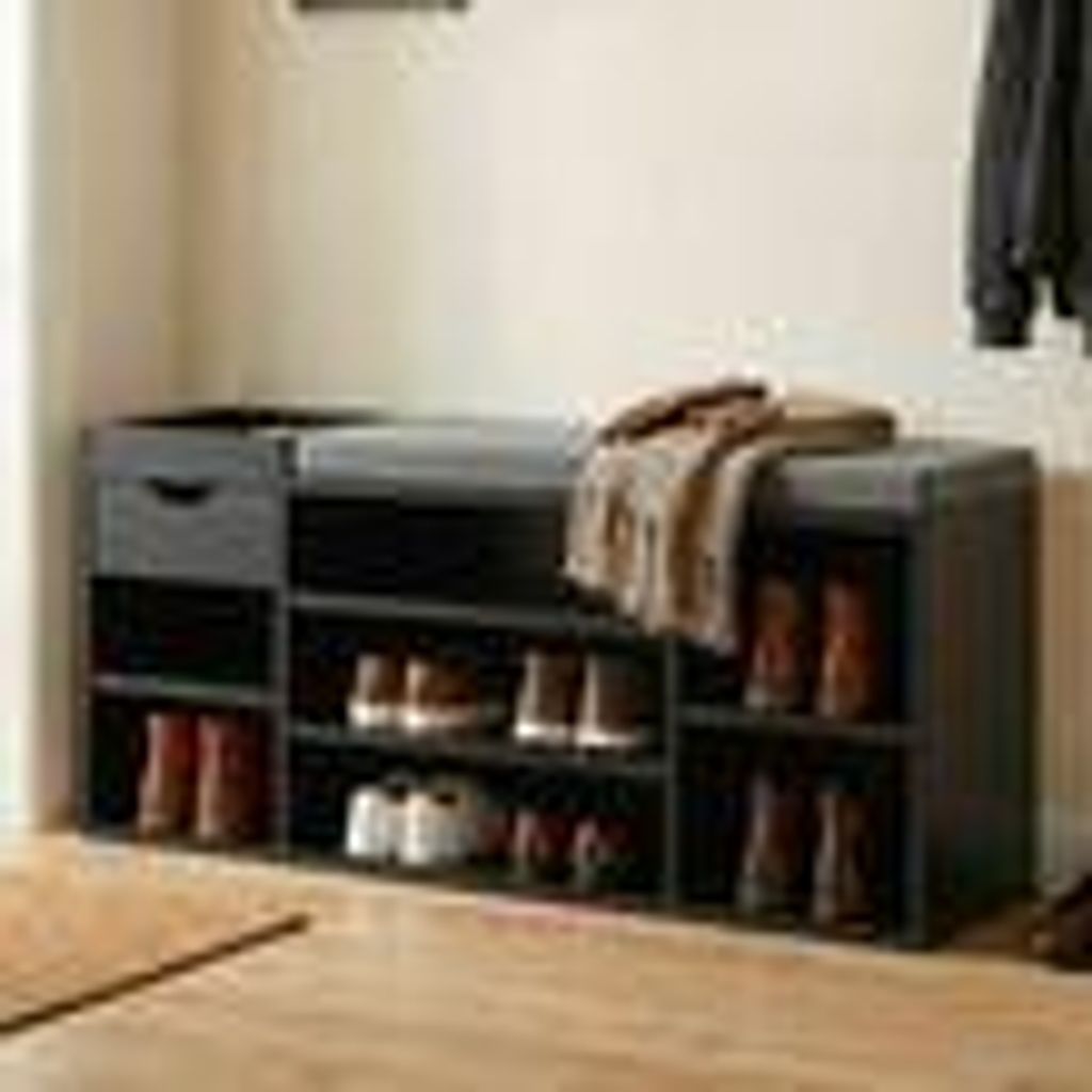 FineBuy Schuhbank Flur Schwarz 100cm mit Sitzkissen – Sitzbank mit Schublade und verstellbaren Regalböden – Schuhregal modern – Flurbank mit...