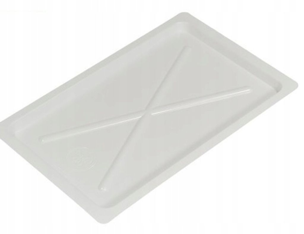 A white plastic tray with a cross-shaped reinforcement pattern on its surface, shown from a slightly elevated angle.