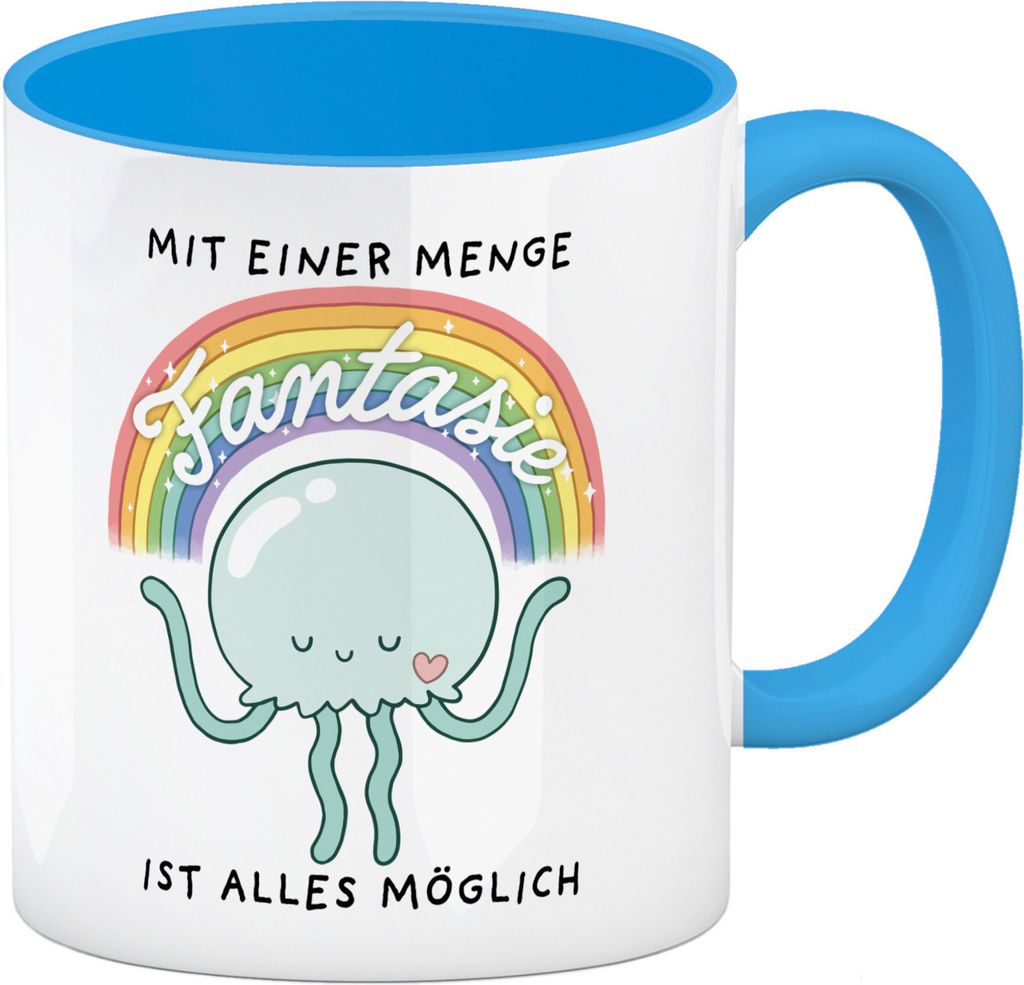 Jelly & Friends Qualle Kaffeebecher in hellblau mit Spruch Mit Fantasie ist