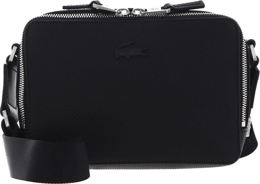 A black Lacoste crossbody bag is shown against a white background.