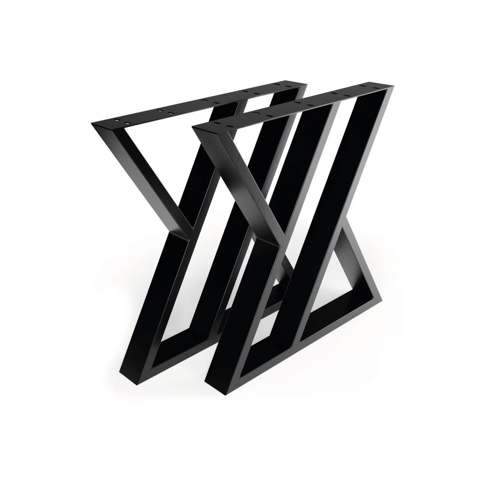Two black metal table legs with an X-shaped design, presented on a white background.