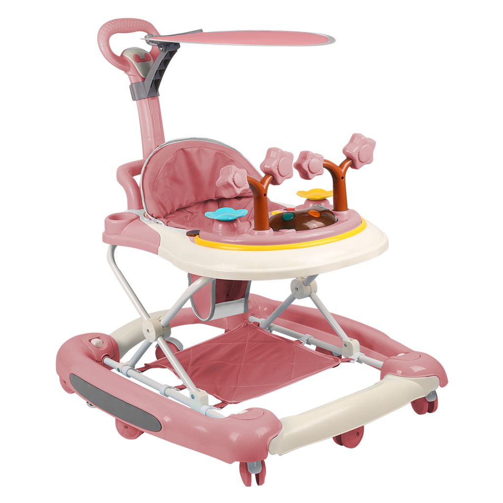 4 in 1 Gehfrei Babywalker ab 6 Monate,Lauflernwagen mit Schubstange&Musik,Klappbar Baby Lauflernhilfe,abnehmbarer Spielset für Babys Rosa