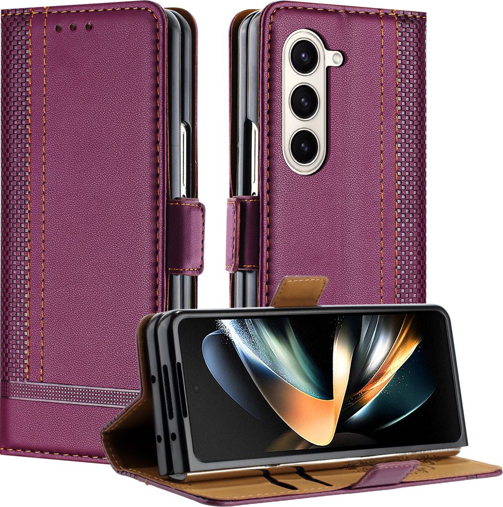 Handyhülle für Samsung Galaxy Z Fold 5 Leder Flip Klappbare Schutzhülle mit Standfunktion Lila