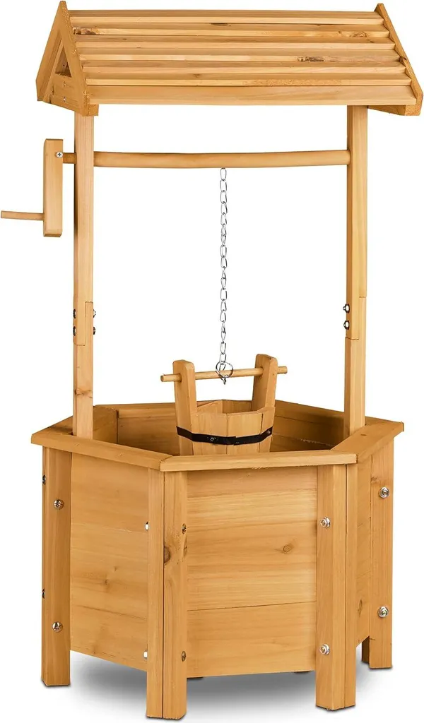 Fontaine en bois rustique avec seau mobile et manivelle pour votre jardin