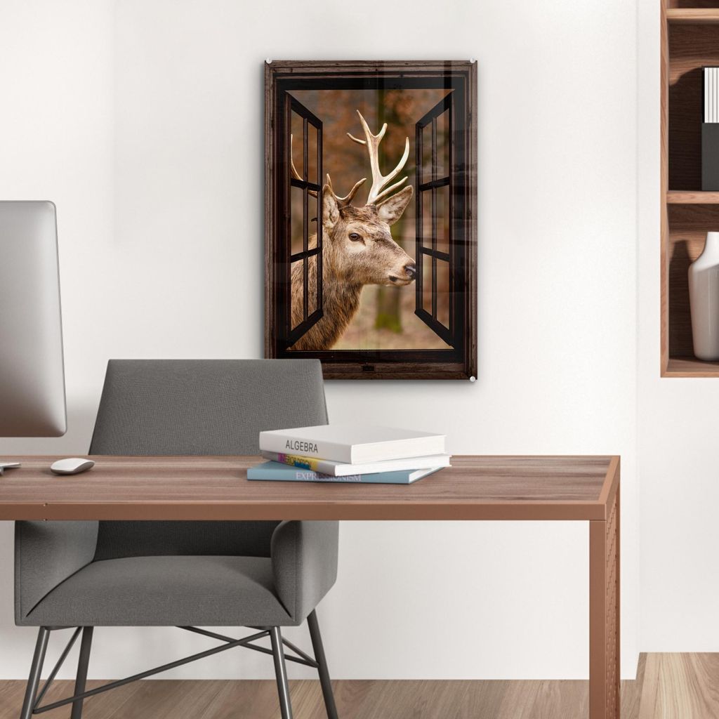 MuchoWow Glasbilder - Bilder auf Wandbild - Foto auf Glas Hirsch - Tier - Wald - Herbst - Hirschkopf - Braun - Durchsichtig 40x60 cm Wanddekoration...