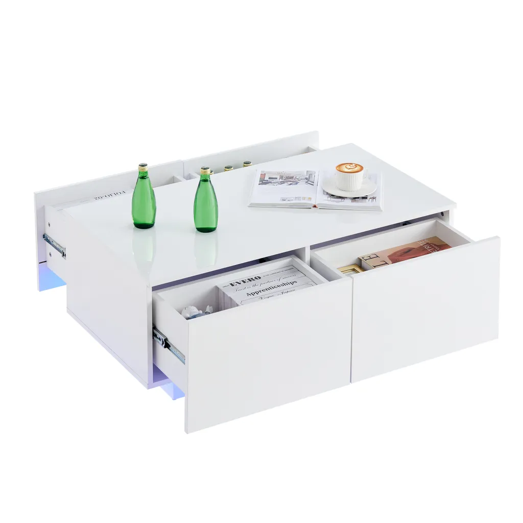 Table Basse Blanche Brillante 100cm dotée de 4 Tiroirs Coulissants - 3
