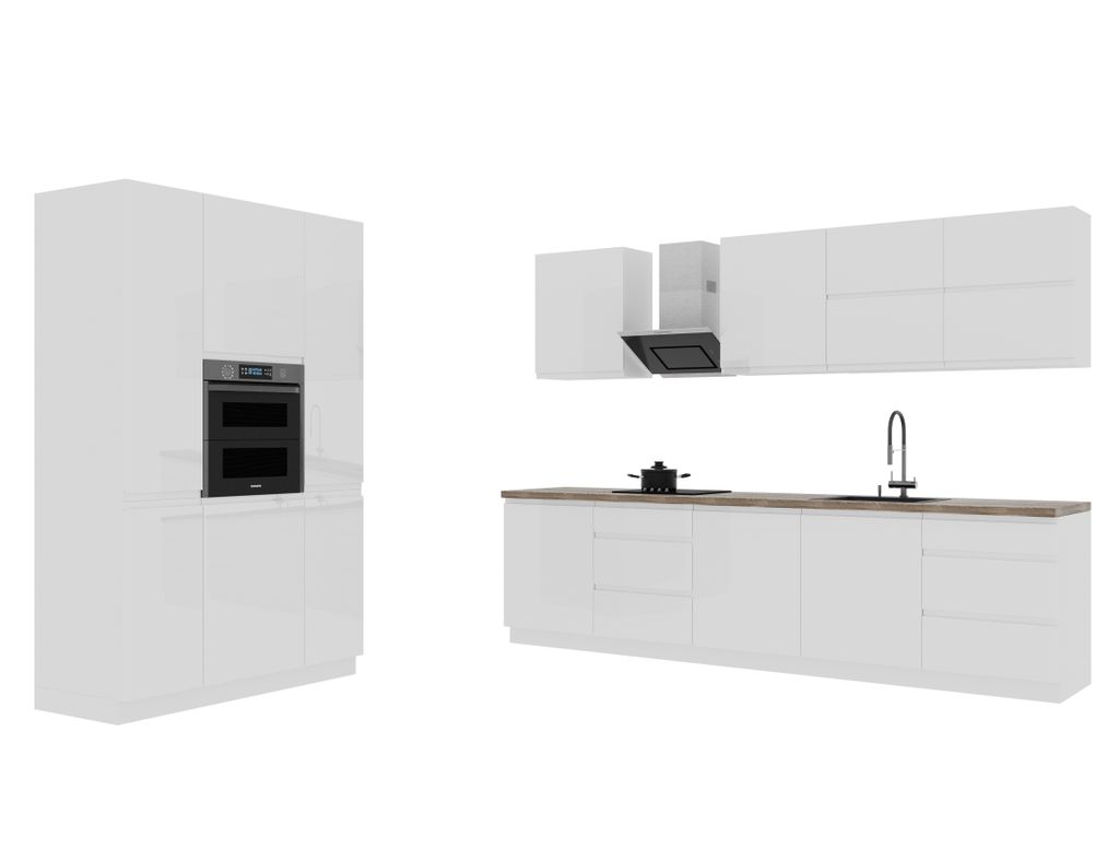 Küchenzeile 440 cm Einbauküche Küche ohne Arbeitsplatte Küchenblock, Aspen K74-M440 Weiß/Hochglanz