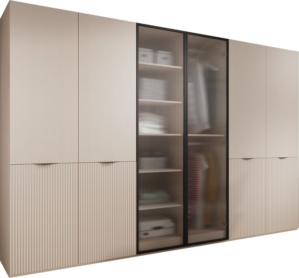 Drehtürenschrank mit Schubladen Falttürenschrank 6-türig Schrank mit Einlegeböden und Kleiderstange, Schlafzimmer - Schrank Minewra 300- Beige ...