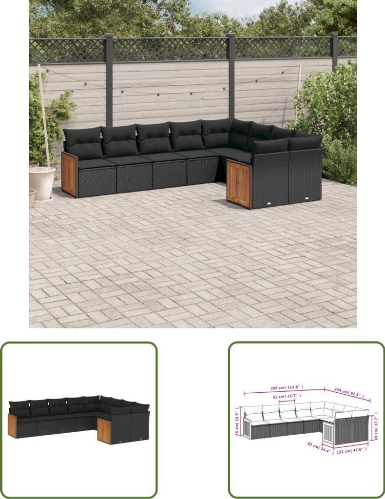 The Living Store 9-tlg. Garten-Sofagarnitur mit Kissen Schwarz Poly Rattan